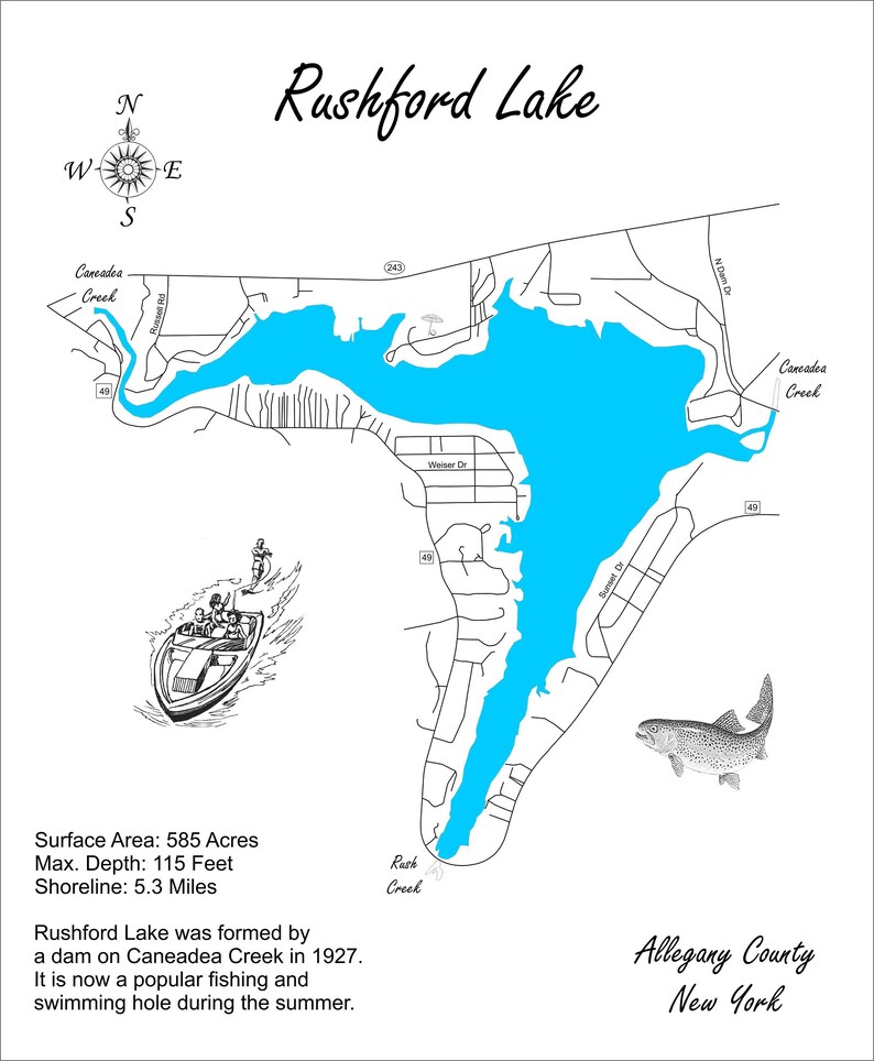Rushford Lake New York Wood Laser Cut Engraved Map Etsy