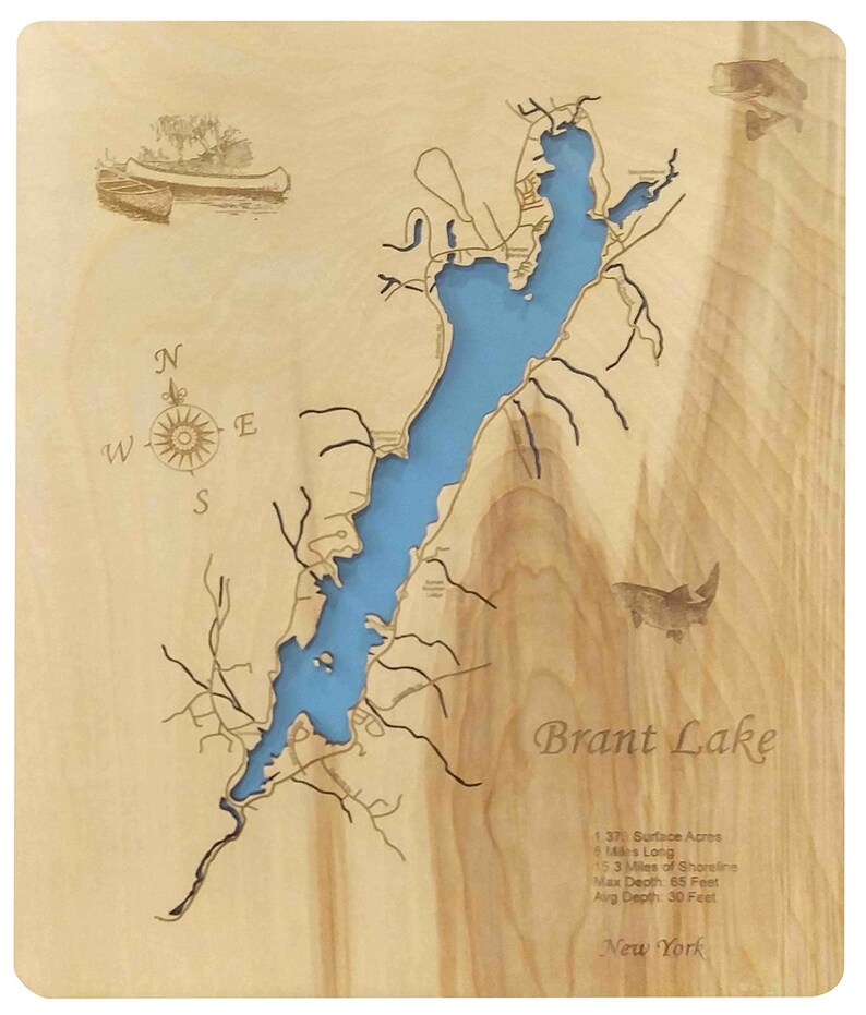 Brant Lake NY Wood Laser Cut Topographical Engraved Map Etsy