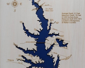 Lake Conroe, Texas - Mapa de madera cortada con láser de precisión / grabada