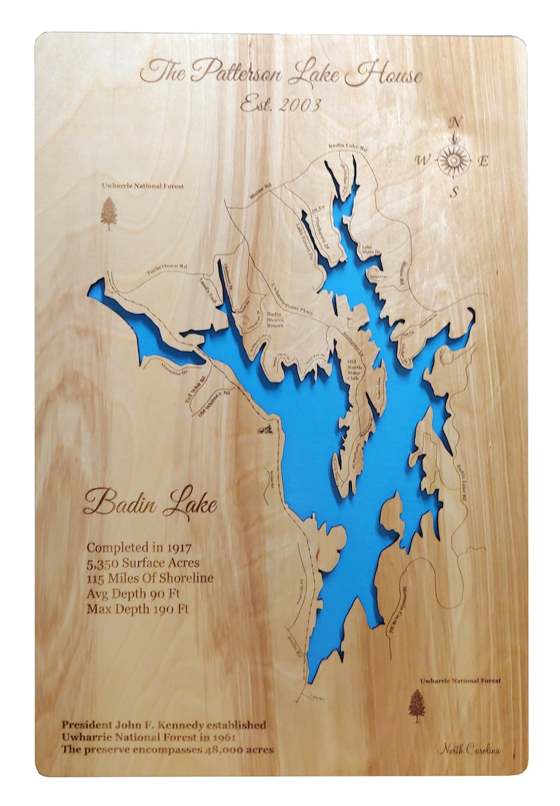 Badin Lake NC Wood Laser Cut Topographical Engraved Map Etsy