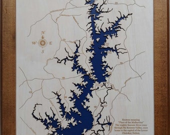 Lake Keowee, Carolina del Sur - Mapa de madera cortada con láser de precisión / grabada