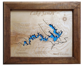 Lake James, NC - Mapa de madera cortada / grabada con láser de precisión