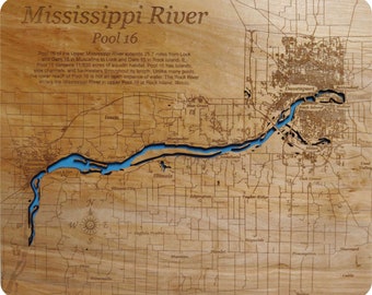 Piscina 16 del río Mississippi - Mapa de madera cortada con láser / grabada con precisión