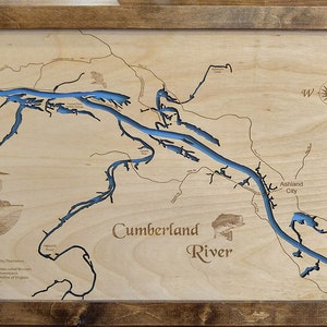 Cumberland River in Kentucky and Tennessee  - Precision Laser Cut/Engraved Wood Map