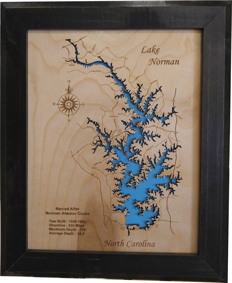 Lake Norman NC Wood Laser Cut Topographical Engraved Map Etsy