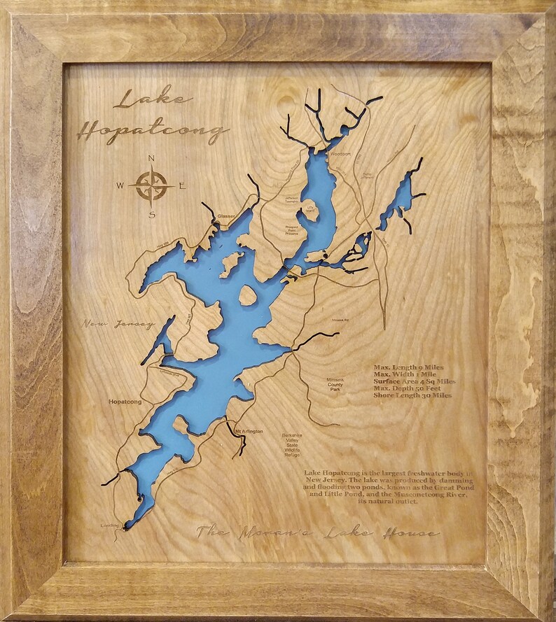 Lake Hopatcong NJ Wood Laser Cut Topographical Engraved Map Etsy