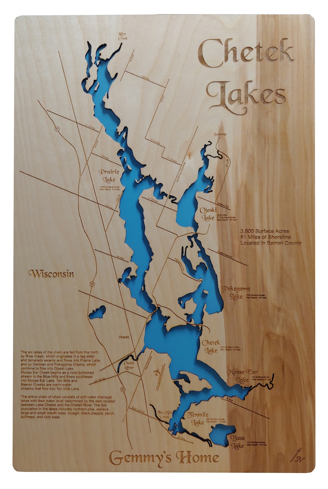 Wood Laser Cut Map of the Chetek Chain of Lakes in Wisconsin Etsy