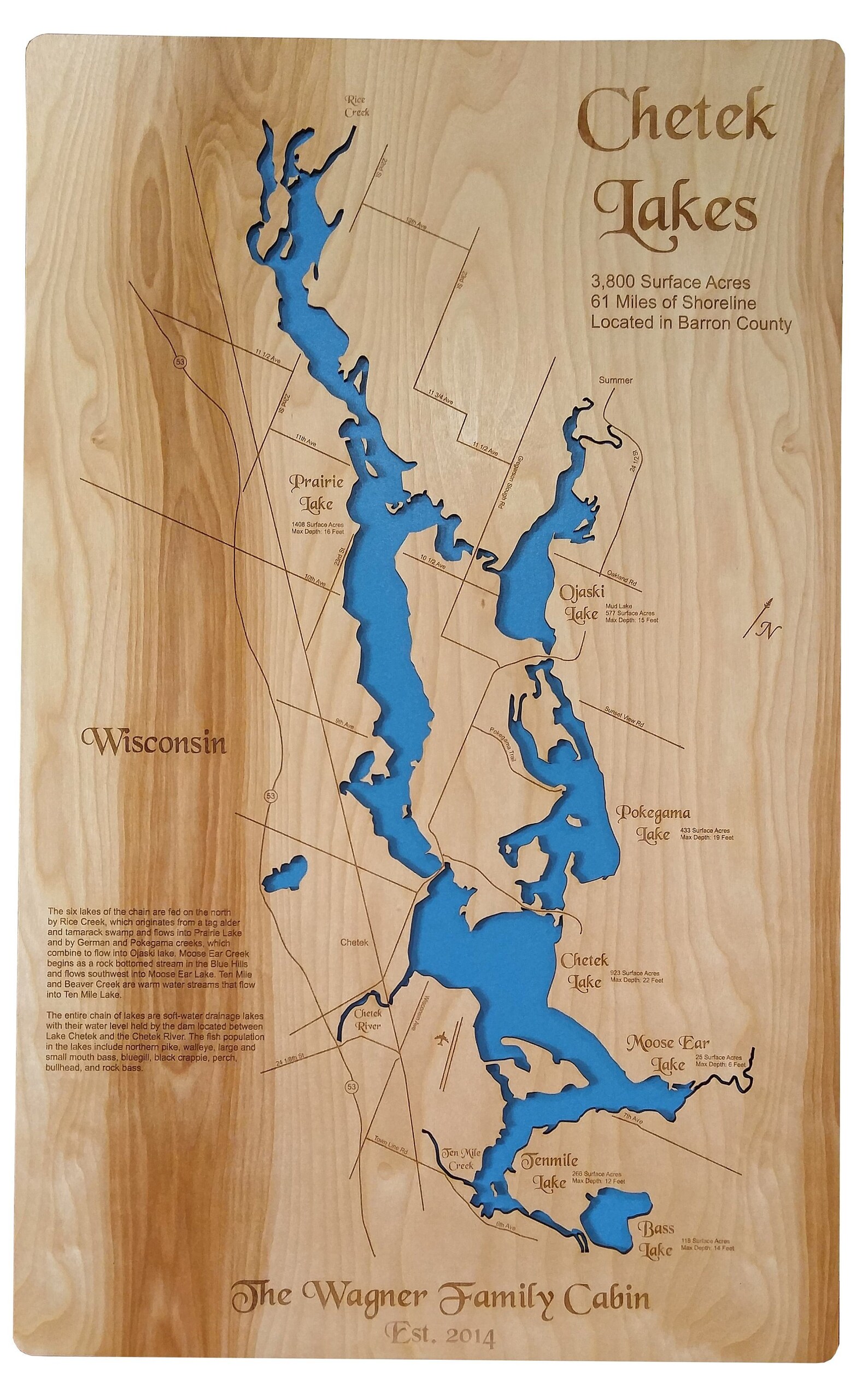 Wood Laser Cut Map of the Chetek Chain of Lakes in Wisconsin Etsy