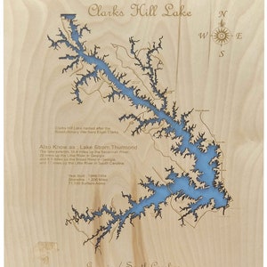 Clarks Hill Lake in McCormick County, South Carolina and Lincoln and Columbia County Georgia - Precision Laser Cut/Engraved Wood Map
