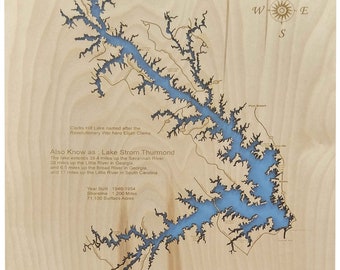 Clarks Hill Lake in McCormick County, South Carolina and Lincoln and Columbia County Georgia - Precision Laser Cut/Engraved Wood Map