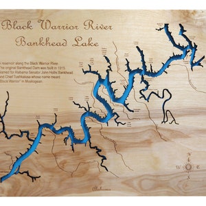 Bankhead Lake in Jefferson, Tuscaloosa and Walker Counties, Alabama  - Precision Laser Cut/Engraved Wood Map