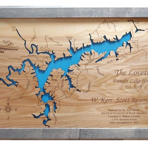 W. Kerr Scott Lake in Wilkes County, North Carolina - Precision Laser Cut/Engraved Wood Map