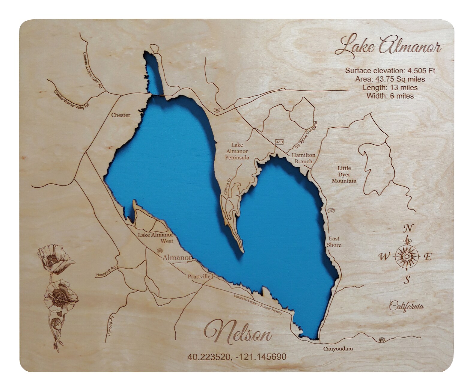 Lake Almanor California Wood Laser Cut Engraved Map Etsy