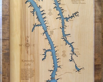 Lake Barkley, KY y Kentucky Lake, TN - Mapa de madera cortada / grabada con láser de precisión