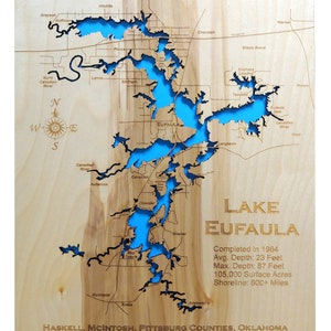 May include: A wooden map of Lake Eufaula in Oklahoma, with the lake's outline cut out and painted blue. The map shows the surrounding towns and rivers. The text "LAKE EUFAULA" is printed in large letters at the bottom of the map, along with information about the lake's size and depth. The text "HASKELL, MCINTOSH, PITTSBURG COUNTIES, OKLAHOMA" is printed at the bottom of the map.