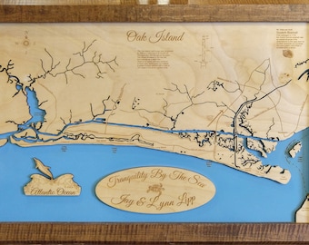 Oak Island, North Carolina - Precision Laser Cut/Engraved Wood Map