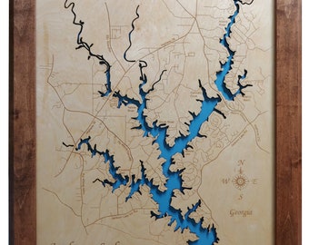 Jackson Lake, Georgia- Mapa de madera cortada con láser / grabada con precisión