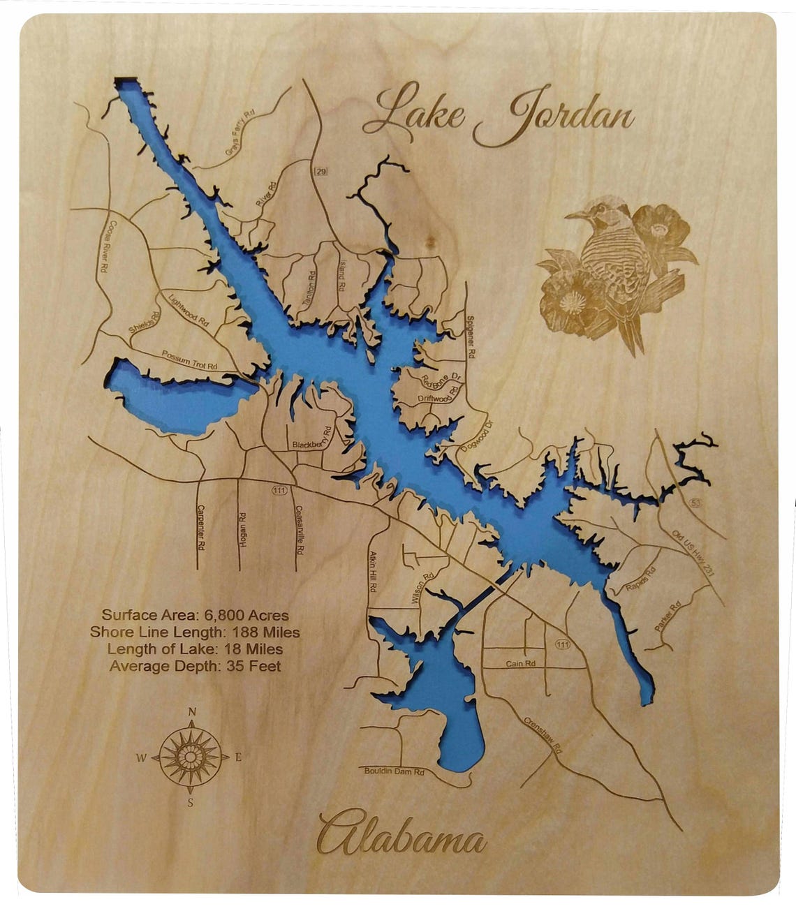 Jordan Lake Alabama wood laser engraved lake map wall hanging Etsy