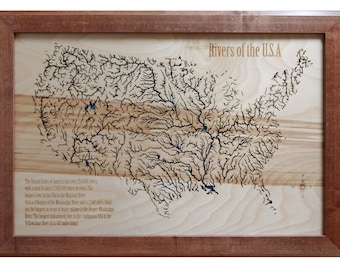 USA Rivers - Mapa de madera cortada / grabada con láser de precisión