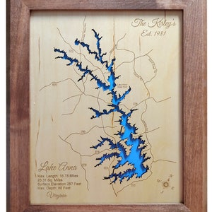 Lake Anna in Spotsylvania, Louisa and Orange Counties, Virginia - Precision Laser Cut/Engraved Wood Map