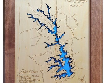 Lake Anna in Spotsylvania, Louisa and Orange Counties, Virginia - Precision Laser Cut/Engraved Wood Map