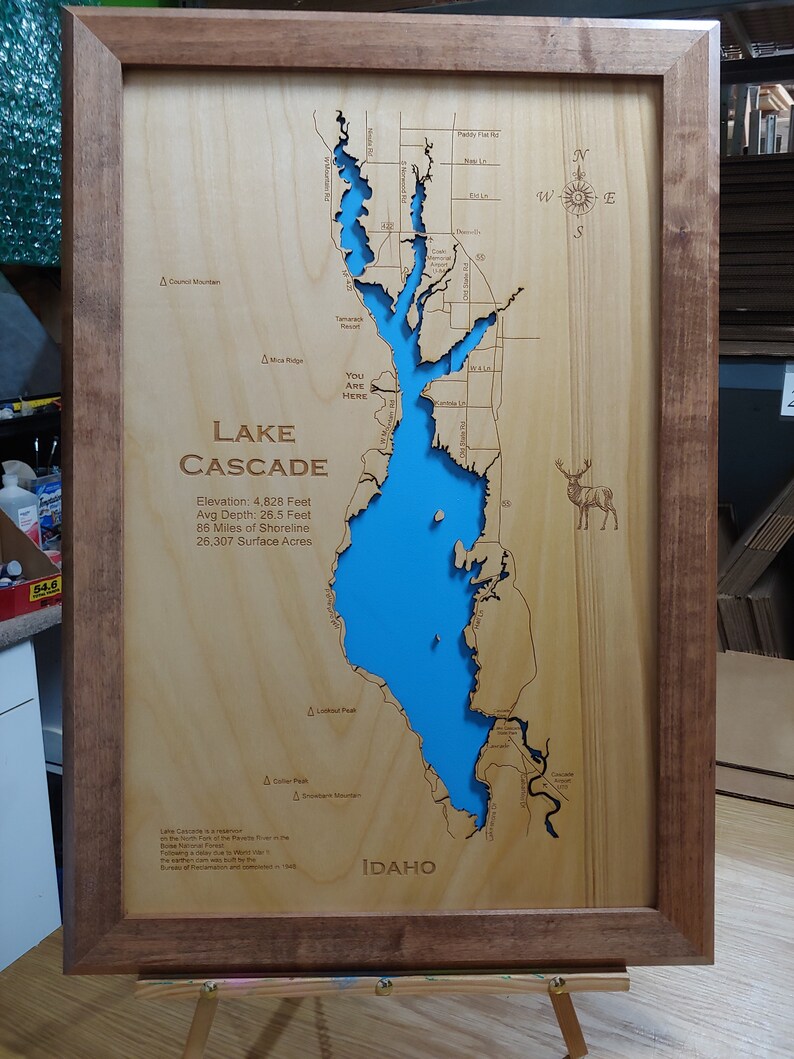 Lake Cascade Idaho Wood Laser Cut Topographical Engraved Map Etsy