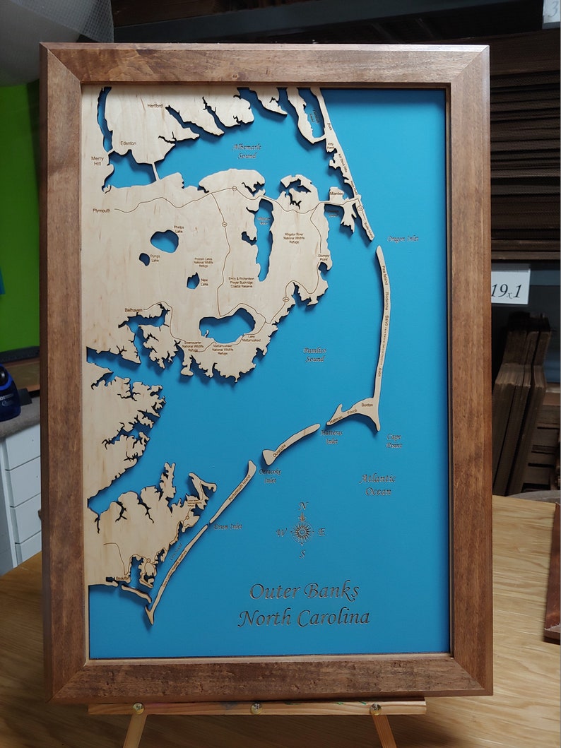 Outer Banks North Carolina wooden laser engraved coastal map Etsy
