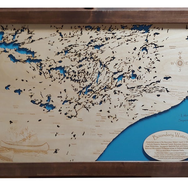 The Boundary Waters straddling the Canada–United States border between Ontario and Minnesota  - Precision Laser Cut/Engraved Wood Map