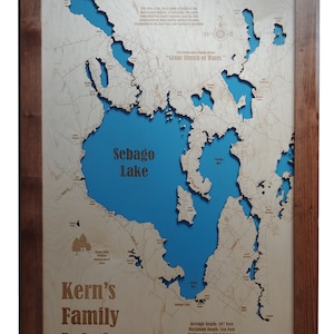 Sebago Lake, Maine - Precision Laser Cut/Engraved Wood Map
