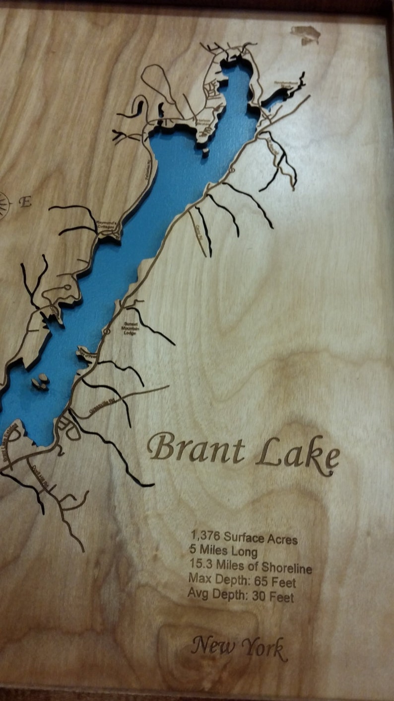 Brant Lake NY Wood Laser Cut Topographical Engraved Map Etsy