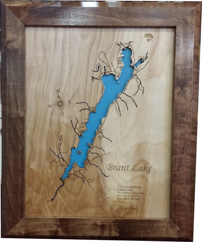Brant Lake NY Wood Laser Cut Topographical Engraved Map Etsy