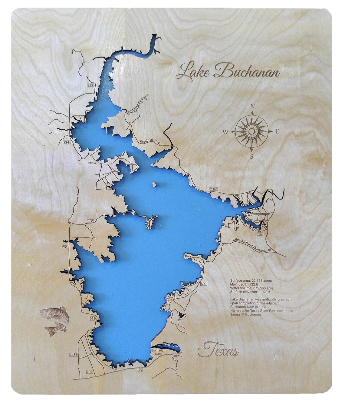 Lake Buchanan Texas Wood Laser Cut Topographical Engraved Map Etsy