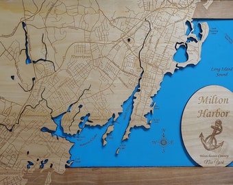 Milton Harbor, Nueva York - Mapa de madera cortada con láser de precisión / grabada