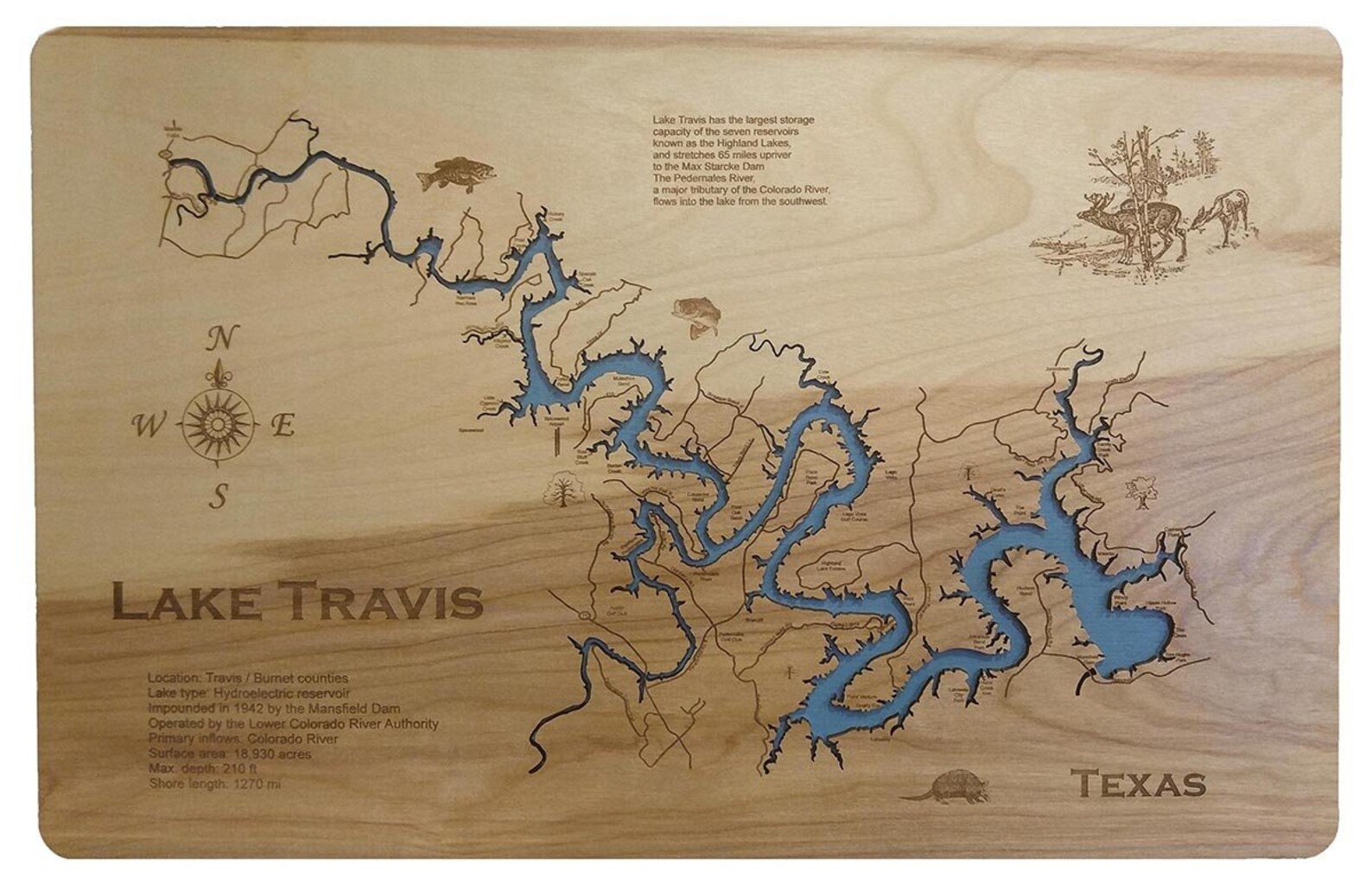 Lake Travis Texas Laser Cut Wood Map Etsy