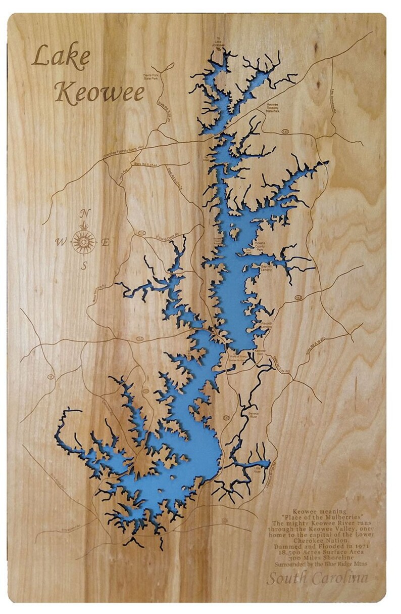 Lake Keowee South Carolina Laser Cut Wood Map Etsy
