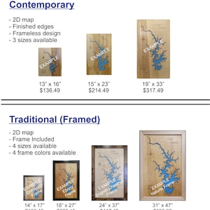Puede incluir: Un cuadro comparativo de diferentes estilos y tama&ntilde;os de mapas. El cuadro muestra dos estilos: Contempor&aacute;neo y Tradicional (Enmarcado). El estilo Contempor&aacute;neo es sin marco y viene en tres tama&ntilde;os: 13" x 16", 15" x 23" y 19" x 33". El estilo Tradicional (Enmarcado) incluye un marco y viene en cuatro tama&ntilde;os: 14" x 17", 18" x 27", 24" x 37" y 31" x 47". Cada tama&ntilde;o se muestra con un ejemplo del mapa, y el precio se indica debajo de cada tama&ntilde;o.