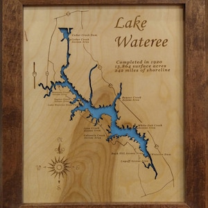Lake Wateree in Kershaw, Fairfield and Lancaster Counties, South Carolina - Precision Laser Cut/Engraved Wood Map