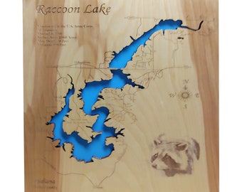 Raccoon Lake, Indiana - Mapa de madera cortada con láser de precisión / grabada