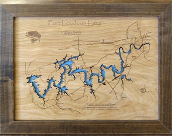 Fort Loudoun Lake, TN, - Mapa de madera cortada / grabada con láser de precisión