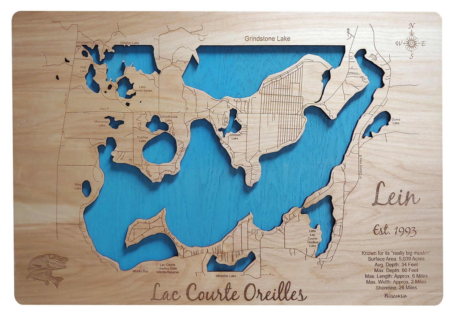 Lac Courte Oreilles Wisconsin Wood Laser Engraved Map Etsy