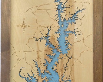 Lake Keowee, Carolina del Sur - Mapa de madera cortada con láser de precisión / grabada