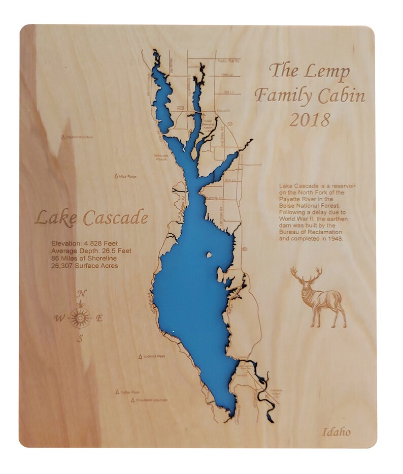 Lake Cascade Idaho Wood Laser Cut Topographical Engraved Map Etsy