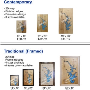 Puede incluir: Mapas de madera en estilos contempor&aacute;neo y tradicional. Los mapas contempor&aacute;neos no tienen marco y est&aacute;n disponibles en tres tama&ntilde;os, incluyendo 33 x 41 cm y 38 x 58 cm. Los mapas tradicionales enmarcados vienen en cuatro tama&ntilde;os.