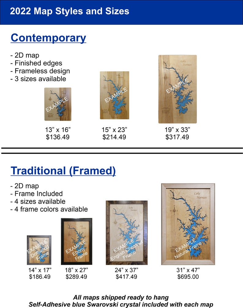 Puede incluir: Mapas de madera en estilos contempor&aacute;neo y tradicional. Los mapas contempor&aacute;neos no tienen marco y est&aacute;n disponibles en tres tama&ntilde;os, incluyendo 33 x 41 cm y 38 x 58 cm. Los mapas tradicionales enmarcados vienen en cuatro tama&ntilde;os.