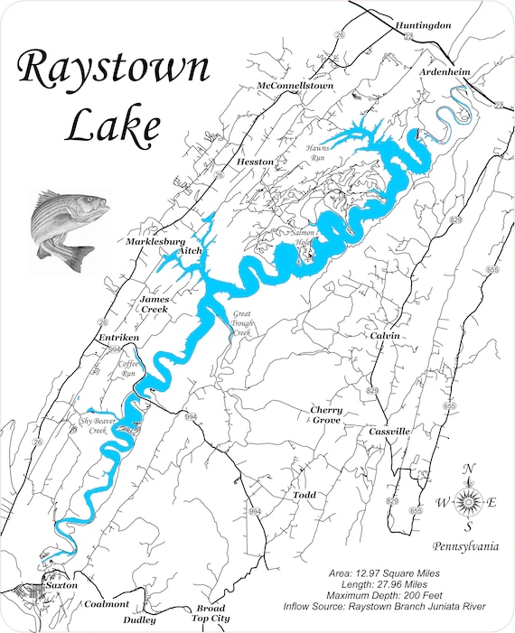 Raystown Lake Topographic Map Raystown Lake In Huntingdon County Pennsylvania With Wood | Etsy