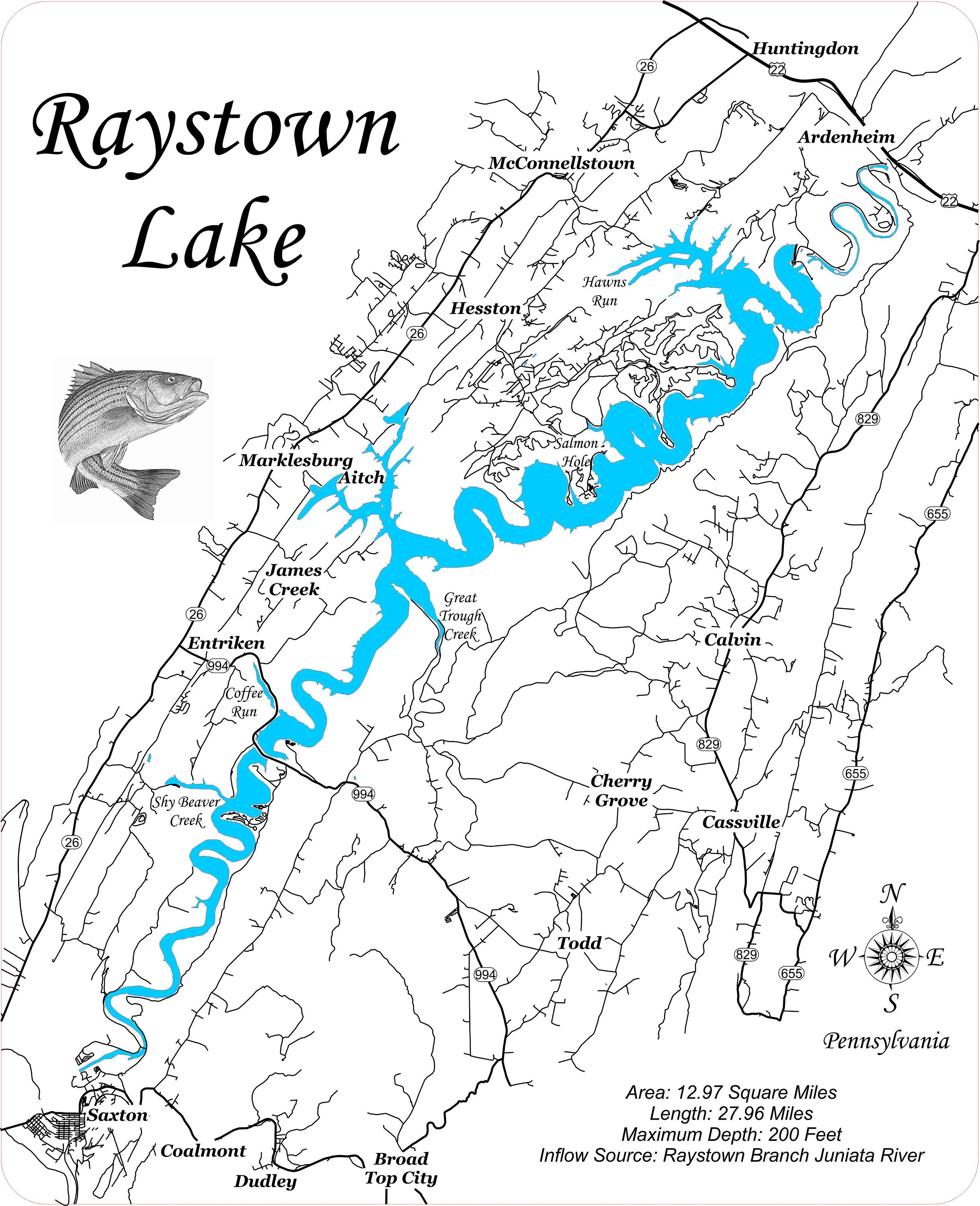 Raystown Lake Fishing Map Raystown Lake In Huntingdon County Pennsylvania With Wood | Etsy India
