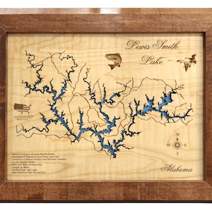 Lewis Smith Lake in Cullman, Walker and Winston Counties, Alabama - Precision Laser Cut/Engraved Wood Map