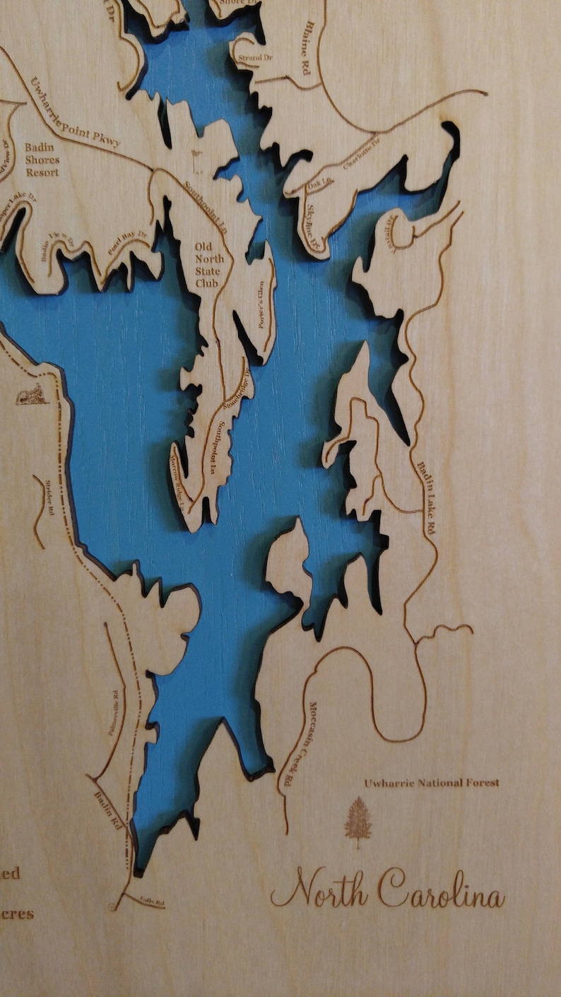 Badin Lake NC Wood Laser Cut Topographical Engraved Map Etsy