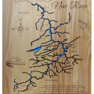 May include: Wooden map of the New River, with the river's path carved out and filled with blue resin. Includes text indicating the river's length of 320 miles and its designation as an American Heritage River.