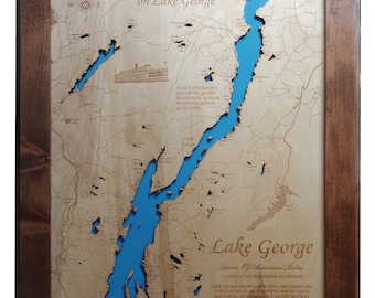 Lake George en Nueva York - Mapa de madera cortada / grabada con láser de precisión